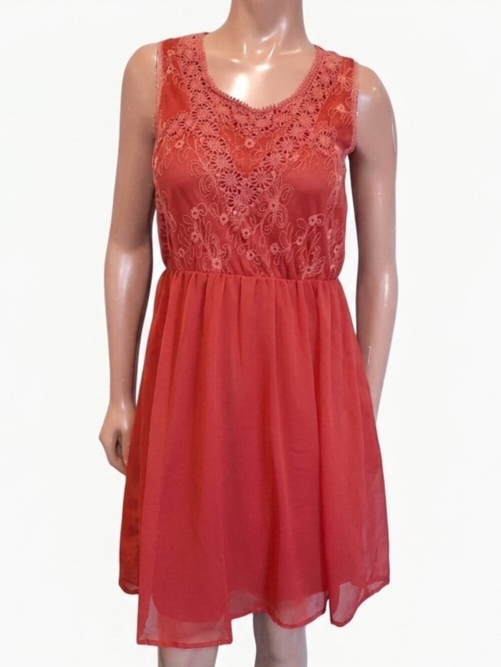 Rickis Floral Crochet Mesh Sleeveless Fit Flare Terracotta Mini Dress